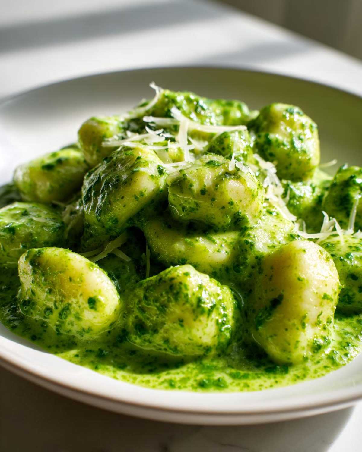 A close-up of tender gnocchi coated in vibrant, creamy pesto sauce and topped with grated cheese, showcasing the Creamy Pesto Gnocchi.