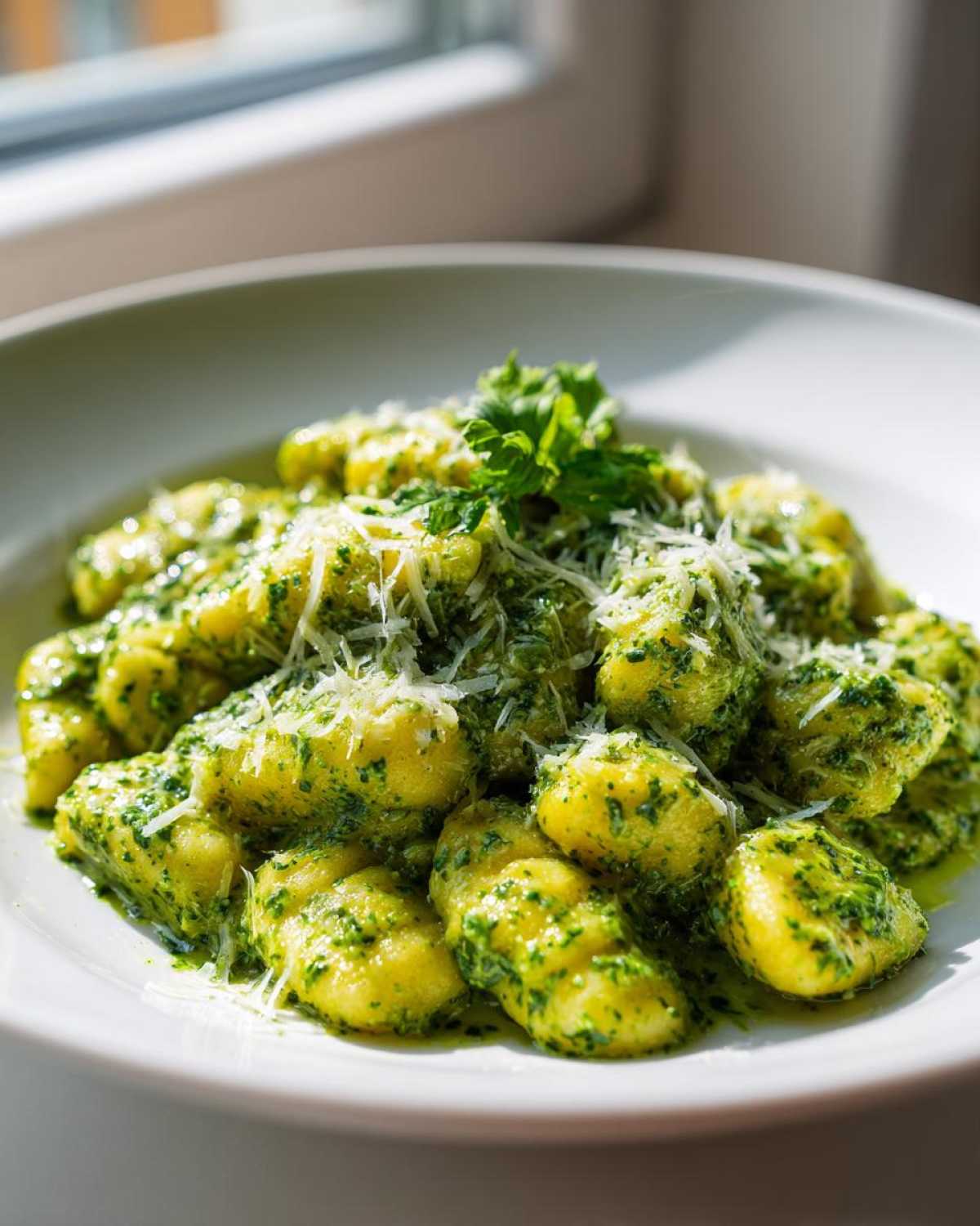 A close-up shot of fluffy gnocchi coated in vibrant green pesto sauce, topped with grated Parmesan cheese and fresh parsley for Creamy Pesto Gnocchi.