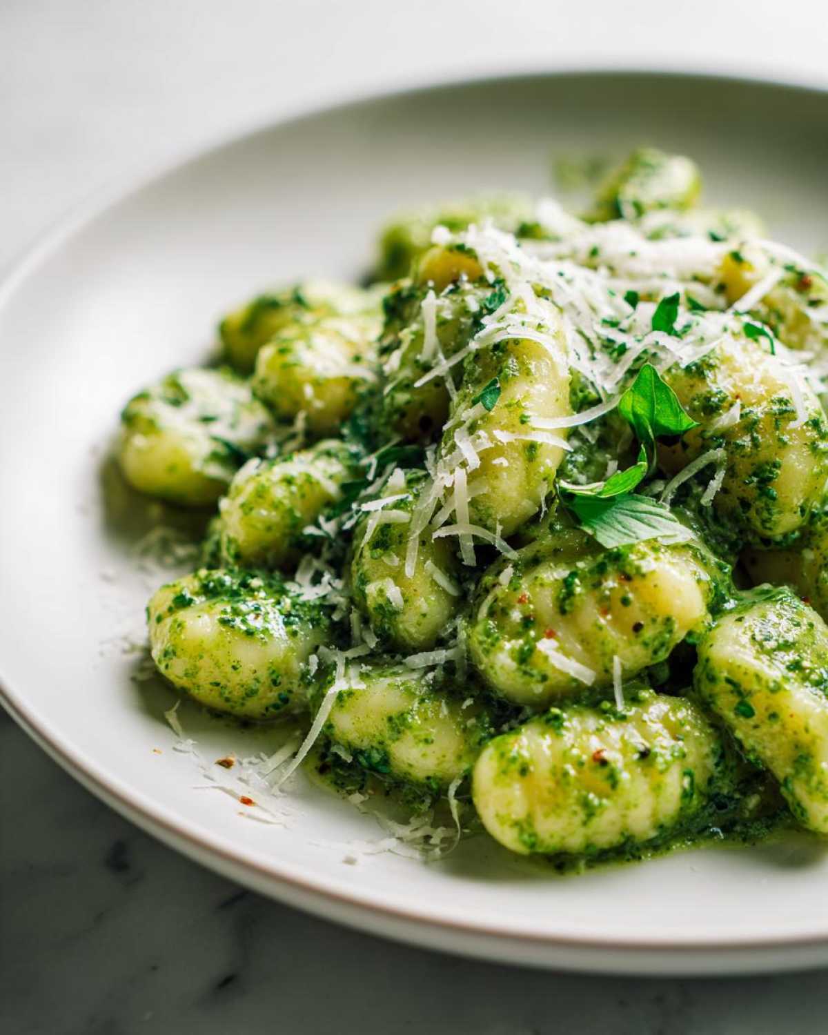 Close-up of tender gnocchi coated in vibrant green pesto sauce and topped with grated Parmesan cheese.