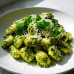 A close-up of fluffy gnocchi tossed in vibrant green pesto sauce, topped with grated parmesan and fresh basil leaves, showcasing Creamy Pesto Gnocchi.