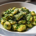 A close-up of fluffy potato gnocchi coated in vibrant green pesto sauce and topped with grated Parmesan cheese.