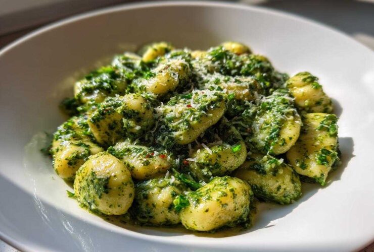 A close-up of fluffy potato gnocchi coated in vibrant green pesto sauce and topped with grated Parmesan cheese.
