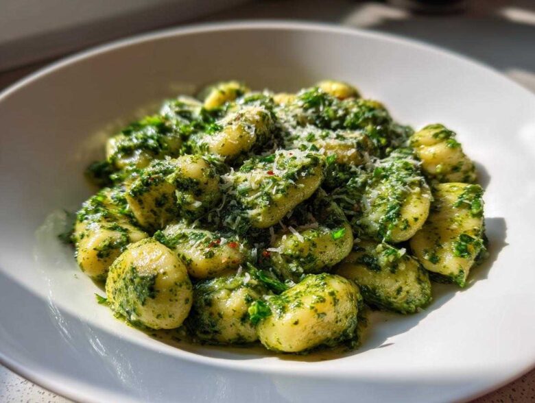 A close-up of fluffy potato gnocchi coated in vibrant green pesto sauce and topped with grated Parmesan cheese.