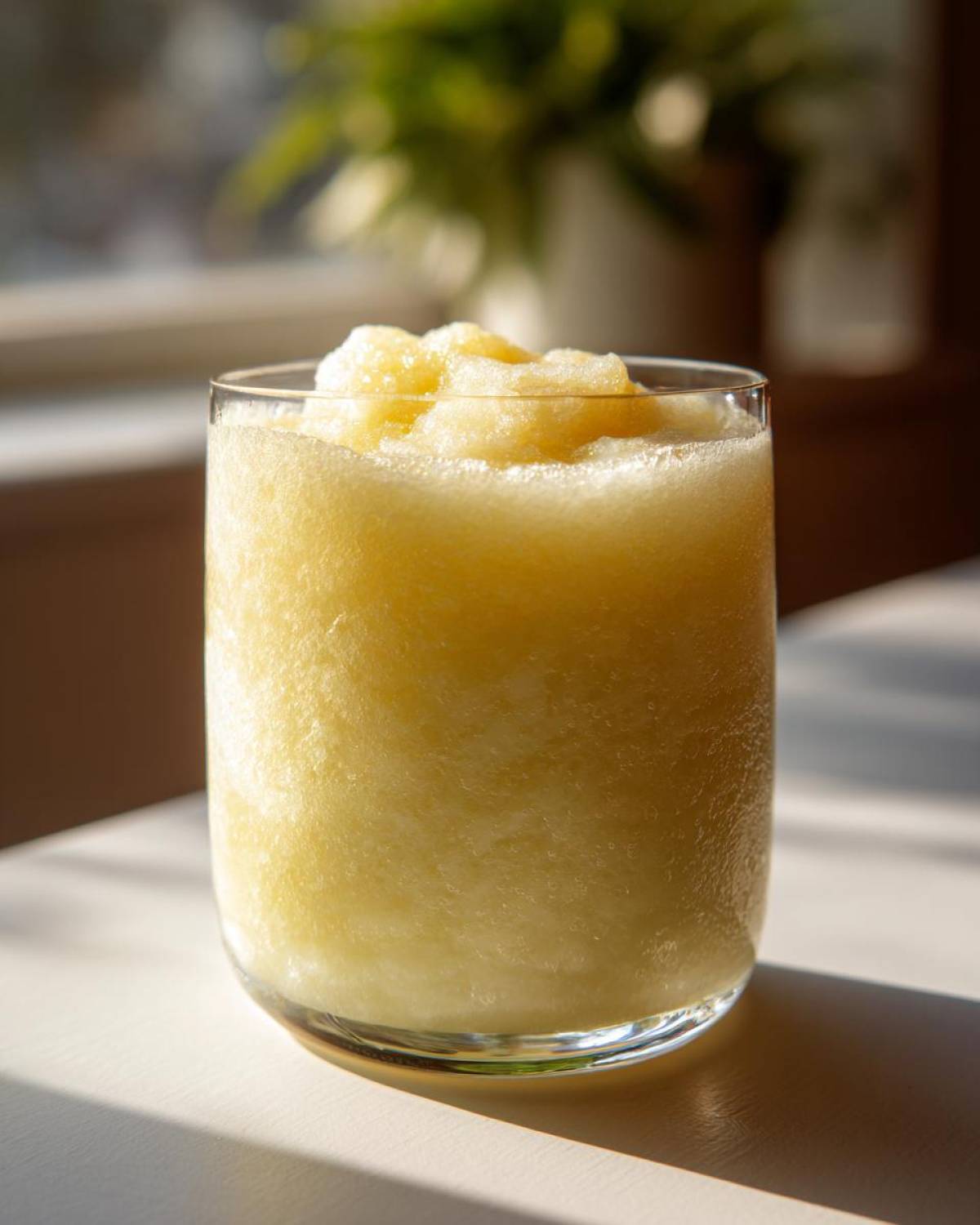 A tall glass filled with a thick, icy Pineapple Coconut Smoothie, catching bright sunlight.