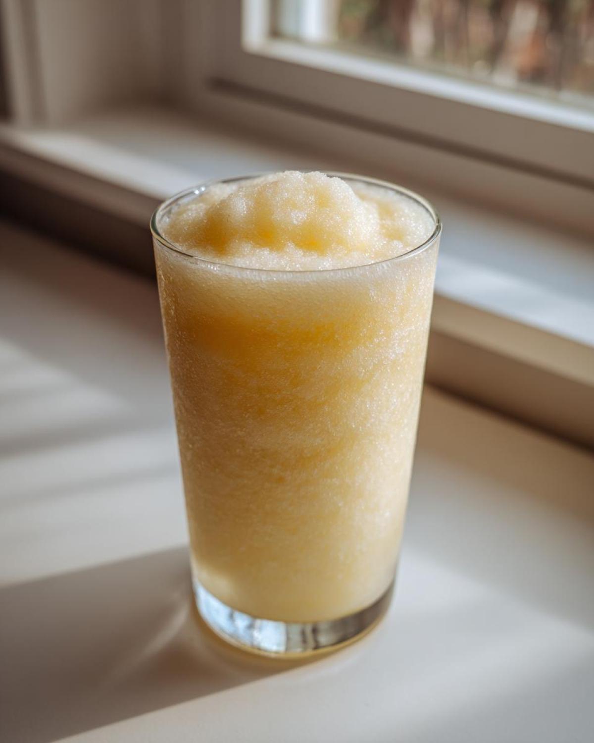 A tall glass filled with a thick, icy Pineapple Coconut Smoothie sitting on a sunlit white windowsill.