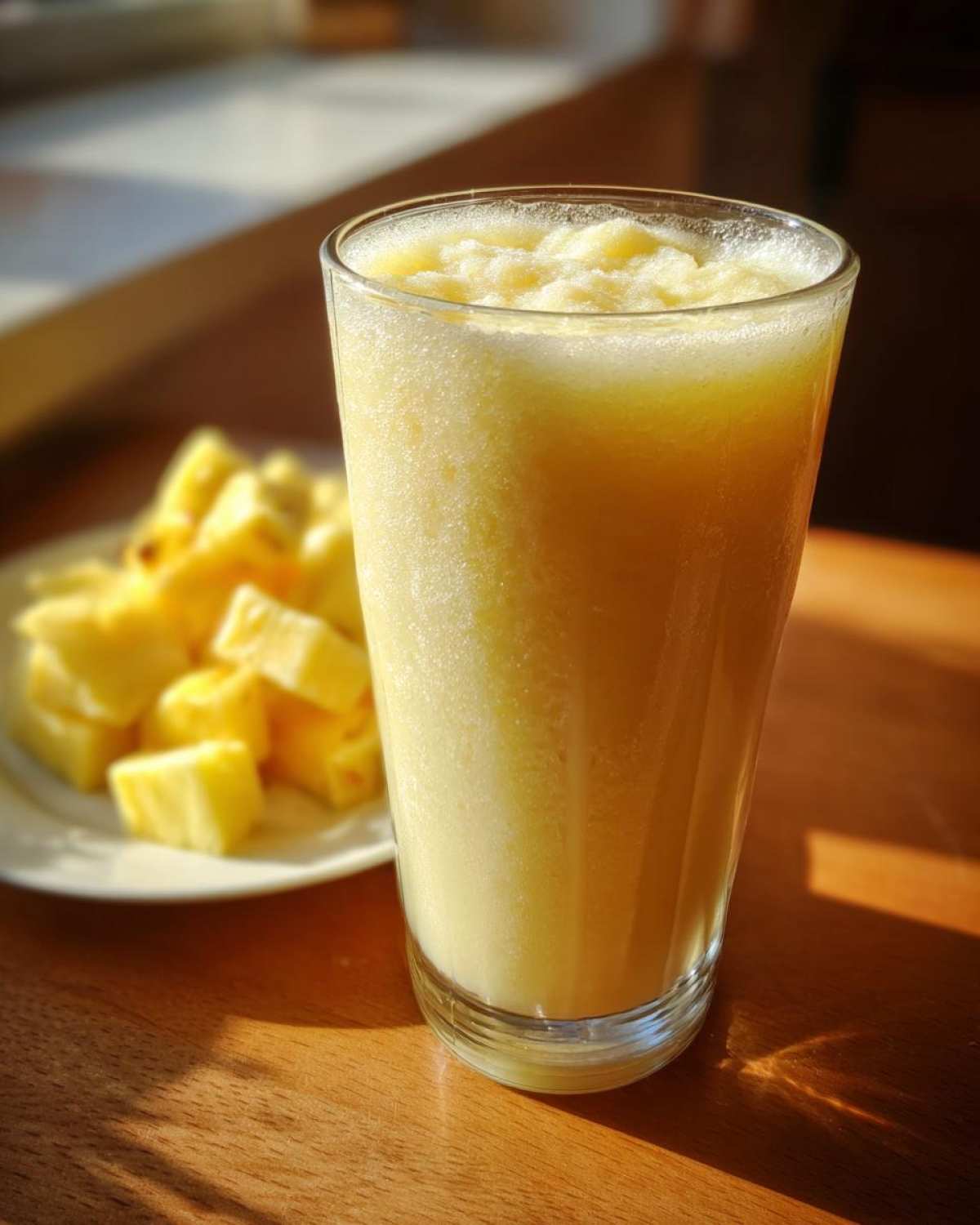 A tall glass filled with a creamy, yellow Pineapple Coconut Smoothie, with diced pineapple on a plate nearby.