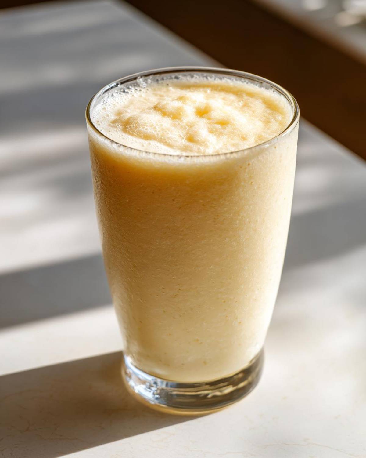 A tall glass filled with a thick, creamy Pineapple Coconut Smoothie, showing froth on top, set against a bright, sunlit background.