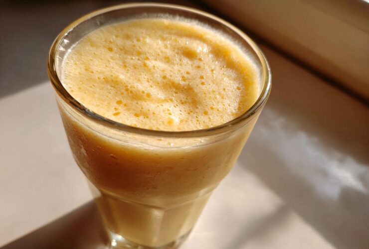 Close-up of a frothy, creamy Pineapple Coconut Smoothie in a tall glass, catching bright sunlight.
