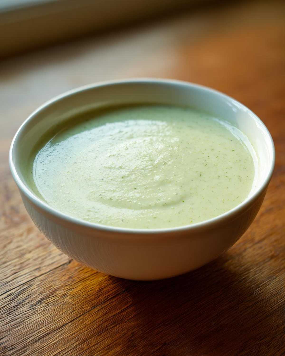 A close-up of a white bowl filled with smooth, pale green Creamy Potato Leek Soup resting on a rustic wooden surface.