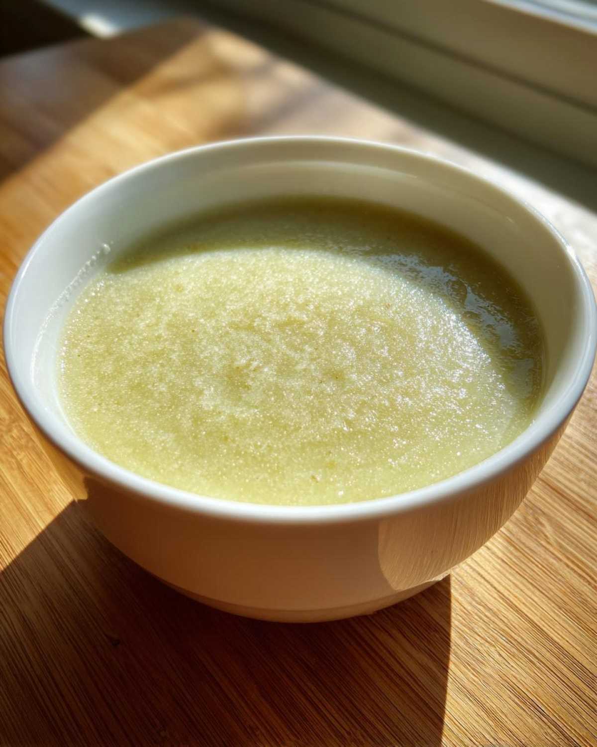 A close-up of a white bowl filled with smooth, light green Creamy Potato Leek Soup, sitting on a wooden surface.