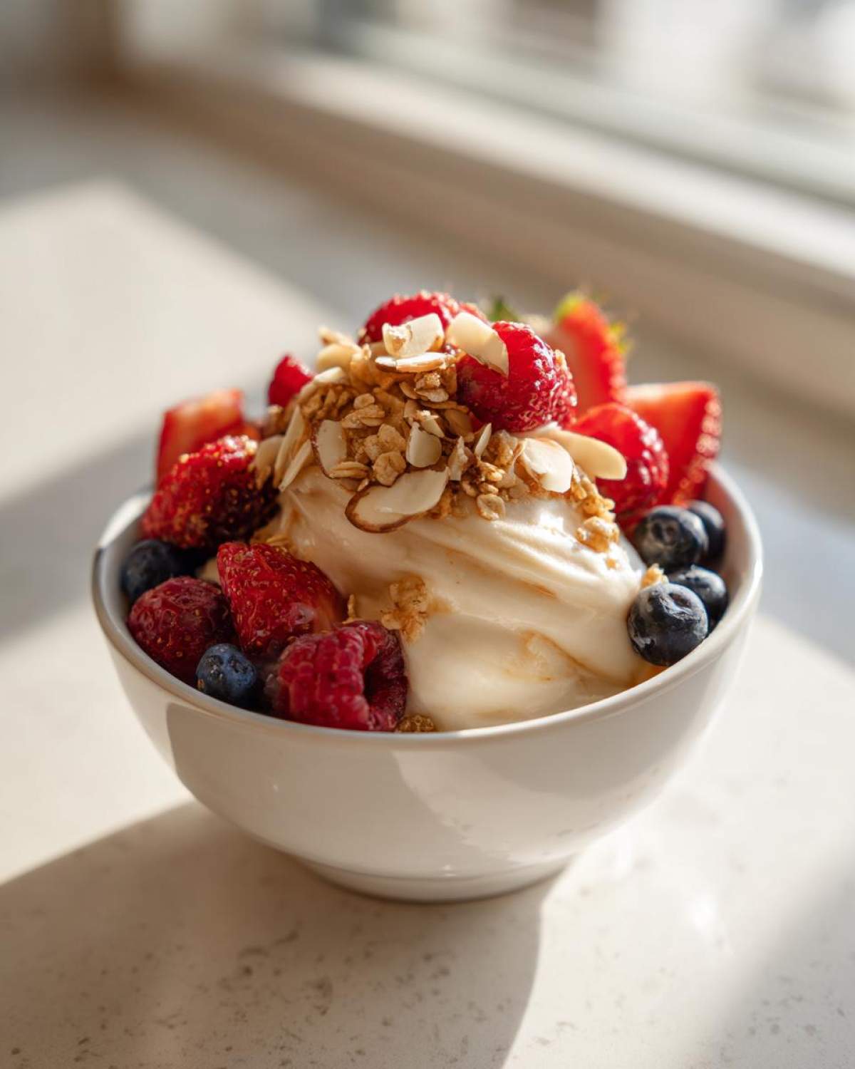 A white bowl filled with a Creamy Vanilla Protein Smoothie Bowl topped with fresh strawberries, blueberries, raspberries, and granola.