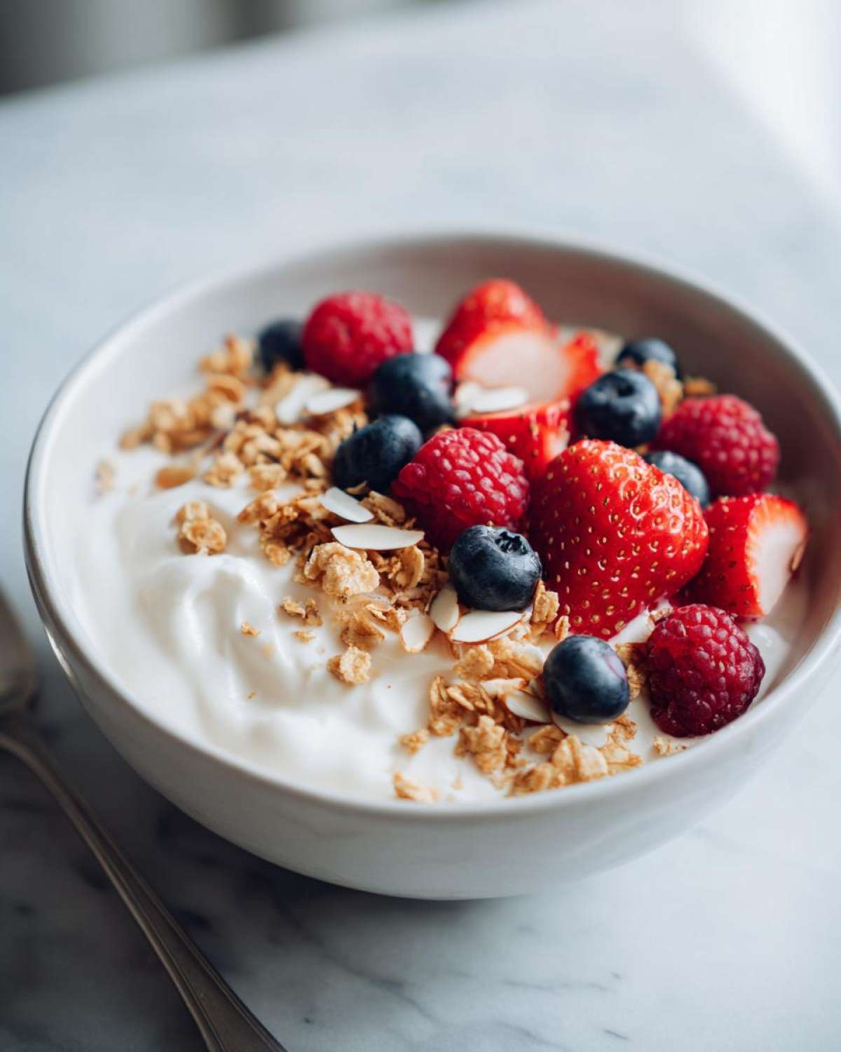Close-up of a Creamy Vanilla Protein Smoothie Bowl topped with fresh strawberries, blueberries, raspberries, granola, and sliced almonds.