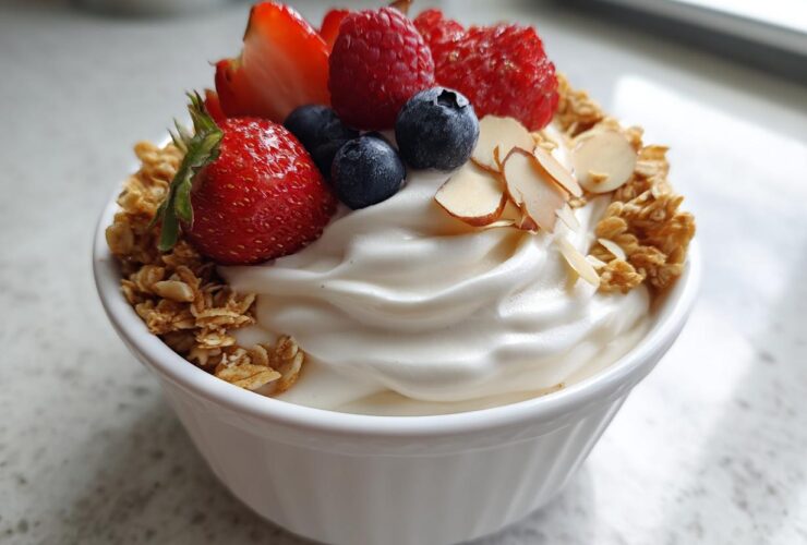 Close-up of a thick Creamy Vanilla Protein Smoothie Bowl topped with fresh strawberries, raspberries, blueberries, granola, and sliced almonds.
