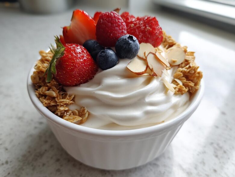 Close-up of a thick Creamy Vanilla Protein Smoothie Bowl topped with fresh strawberries, raspberries, blueberries, granola, and sliced almonds.
