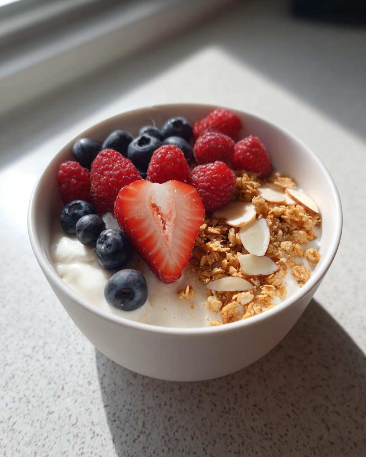 A white bowl filled with Creamy Vanilla Protein Smoothie Bowl topped with fresh blueberries, raspberries, sliced strawberry, and granola.