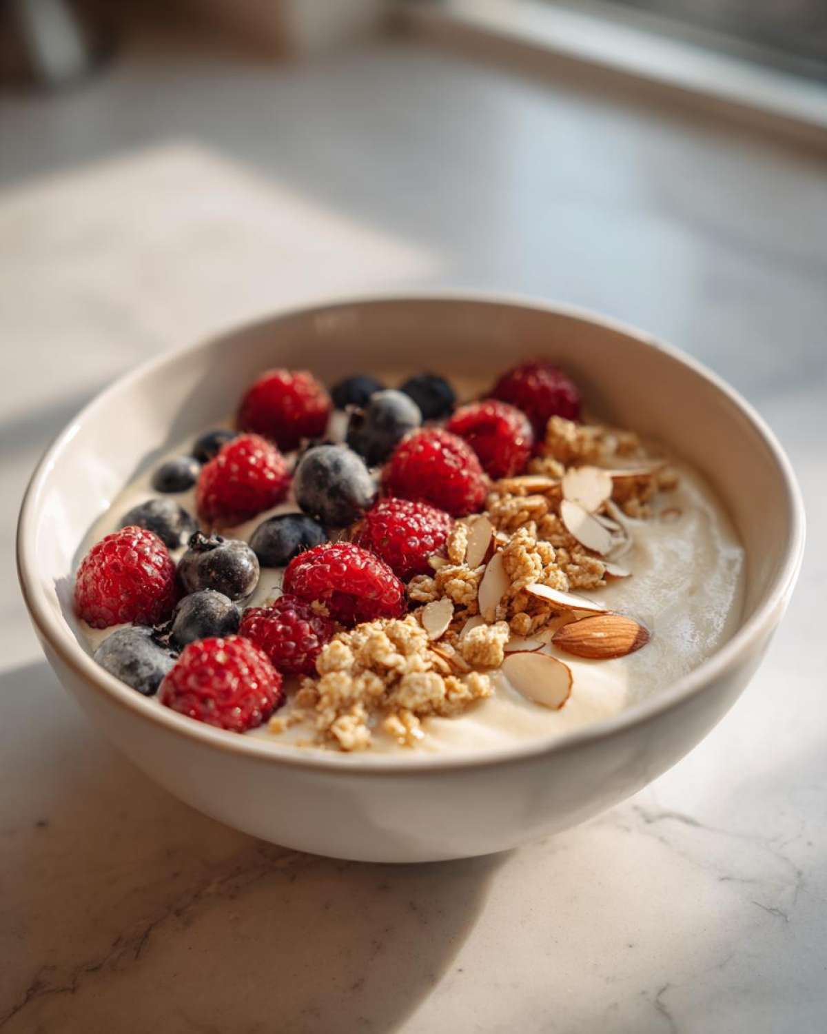 A close-up of a Creamy Vanilla Protein Smoothie Bowl topped with fresh raspberries, blueberries, granola, and sliced almonds.