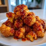 A mound of golden, crispy air fryer cauliflower wings coated in a shiny, reddish-brown sweet and spicy glaze.