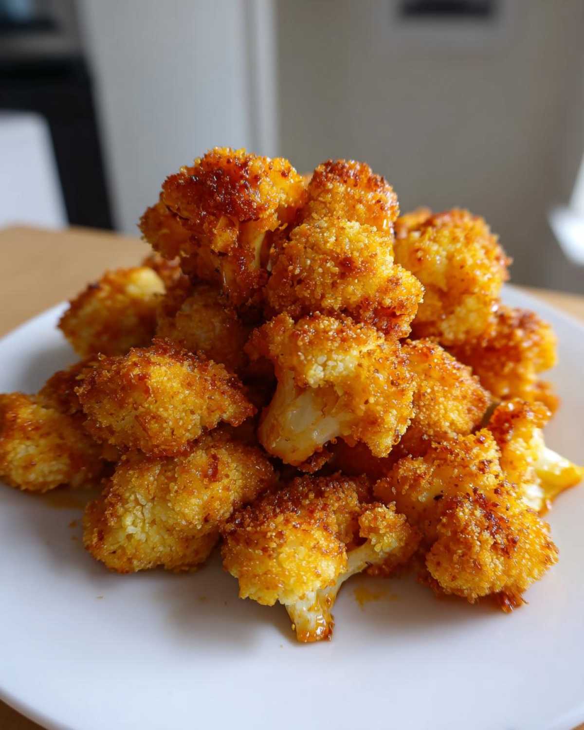 A mound of golden brown, crispy air fryer cauliflower wings piled high on a white plate.