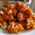 A mound of golden brown, saucy Crispy Air Fryer Cauliflower Wings piled high on a white plate.