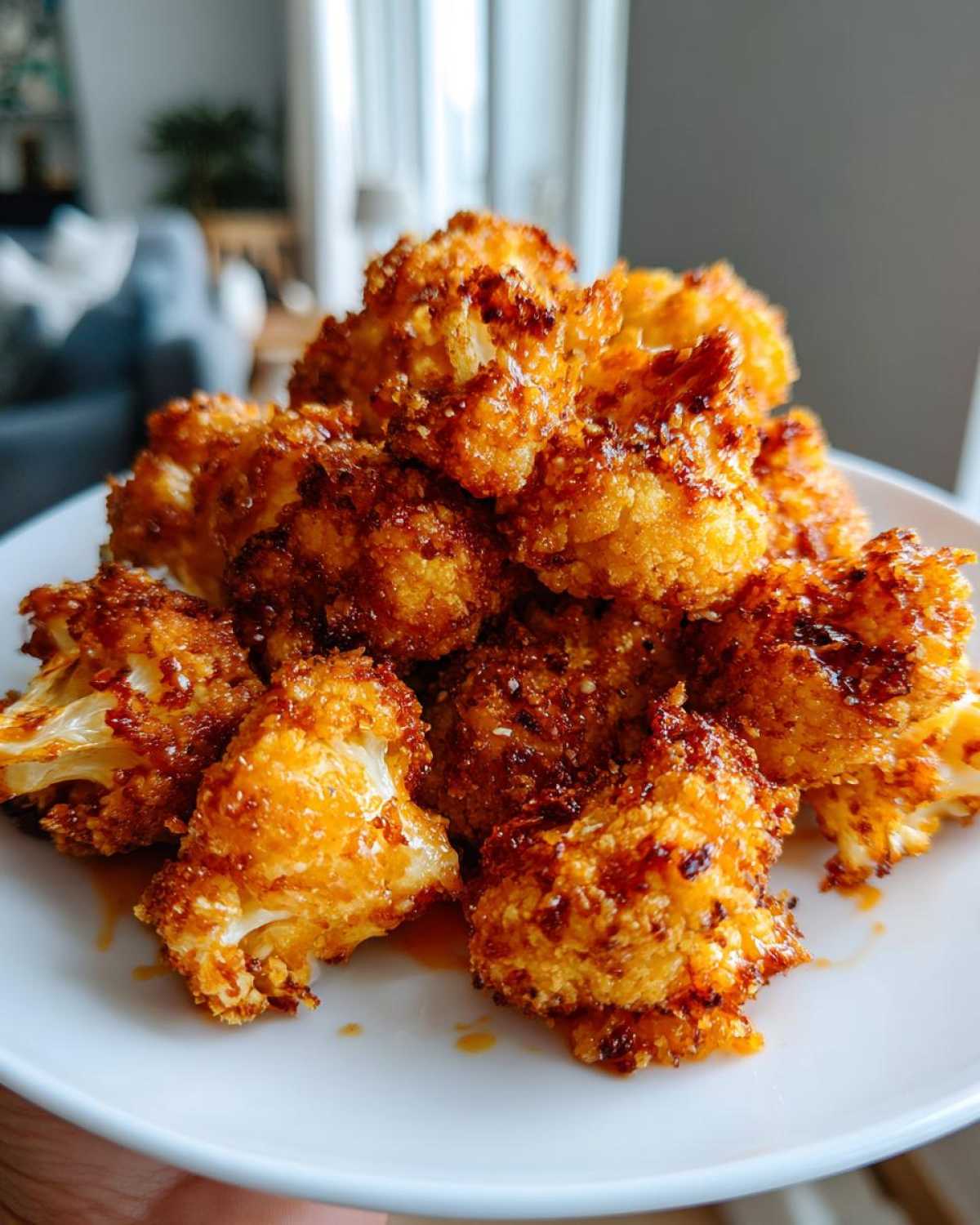 A close-up of a mound of golden brown, saucy Crispy Air Fryer Cauliflower Wings piled high on a white plate.