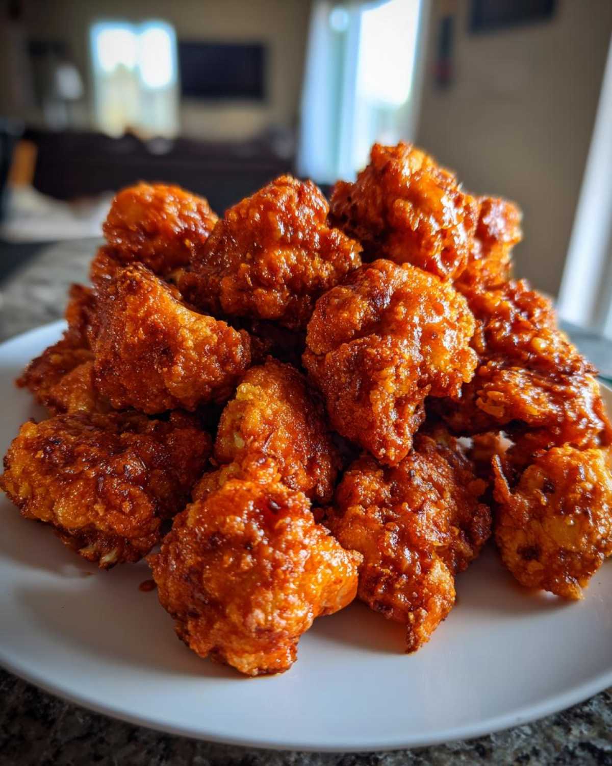 A mound of glossy, orange-glazed Crispy Air Fryer Cauliflower Wings piled high on a white plate.