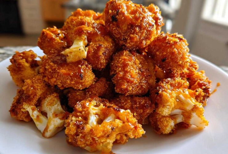 A mound of golden brown, saucy Crispy Air Fryer Cauliflower Wings piled high on a white plate.