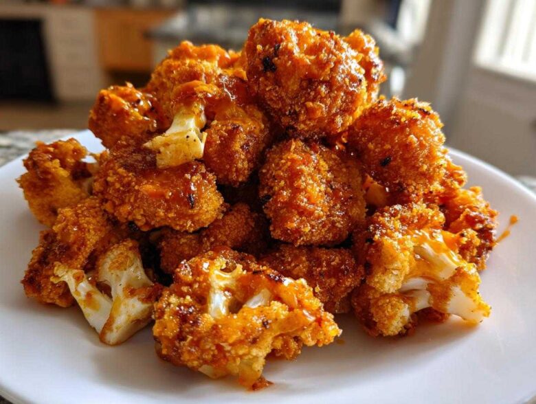 A mound of golden brown, saucy Crispy Air Fryer Cauliflower Wings piled high on a white plate.