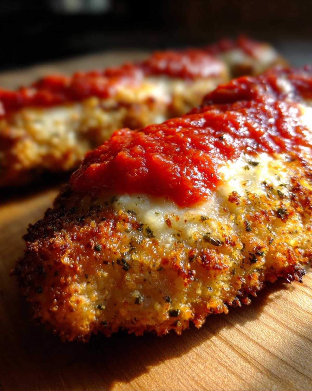 Close-up of a golden, crispy Air Fryer Chicken Parmesan topped with melted cheese and bright red marinara sauce.