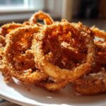 A close-up of several golden brown, crispy Air Fryer Onion Rings piled high on a white plate, catching bright sunlight.