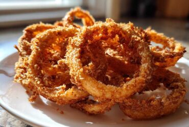 A close-up of several golden brown, crispy Air Fryer Onion Rings piled high on a white plate, catching bright sunlight.