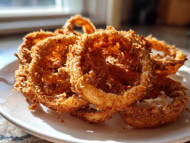 A close-up of several golden brown, crispy Air Fryer Onion Rings piled high on a white plate, catching bright sunlight.