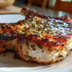 Close-up of a perfectly cooked, juicy Crispy Air Fryer Pork Chop topped with glistening garlic butter and herbs.