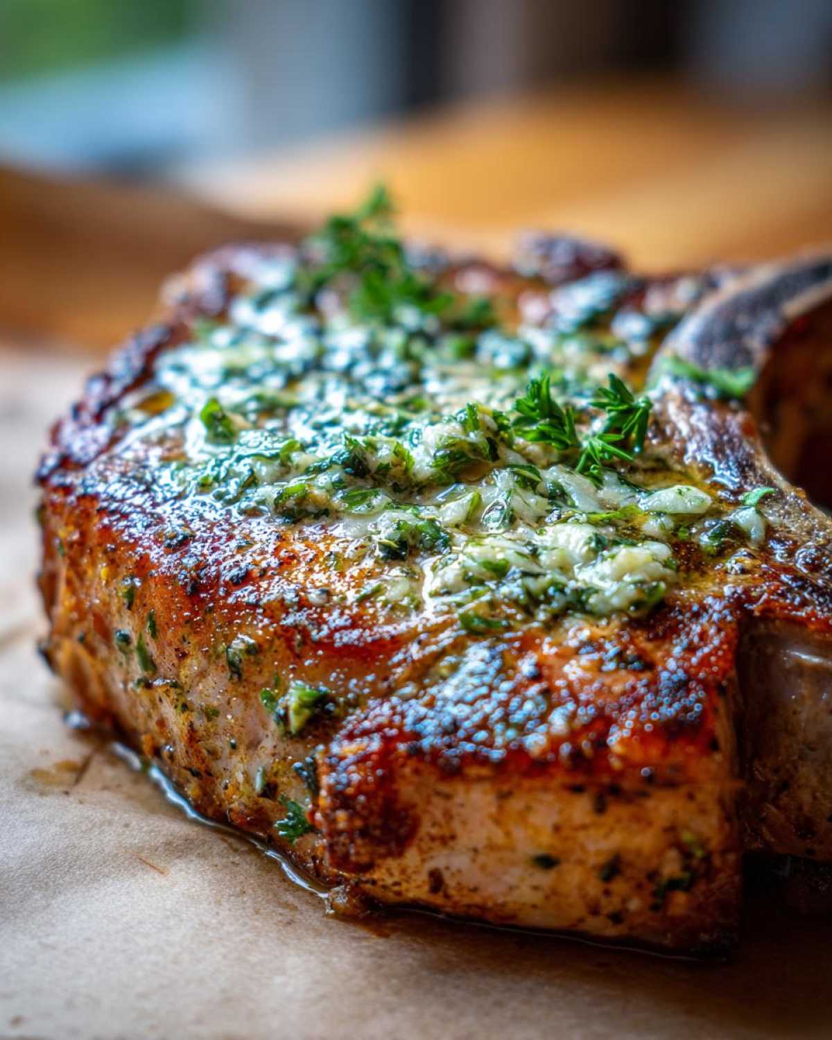 Close-up of a thick, crispy air fryer pork chop topped with melted garlic butter and fresh herbs.
