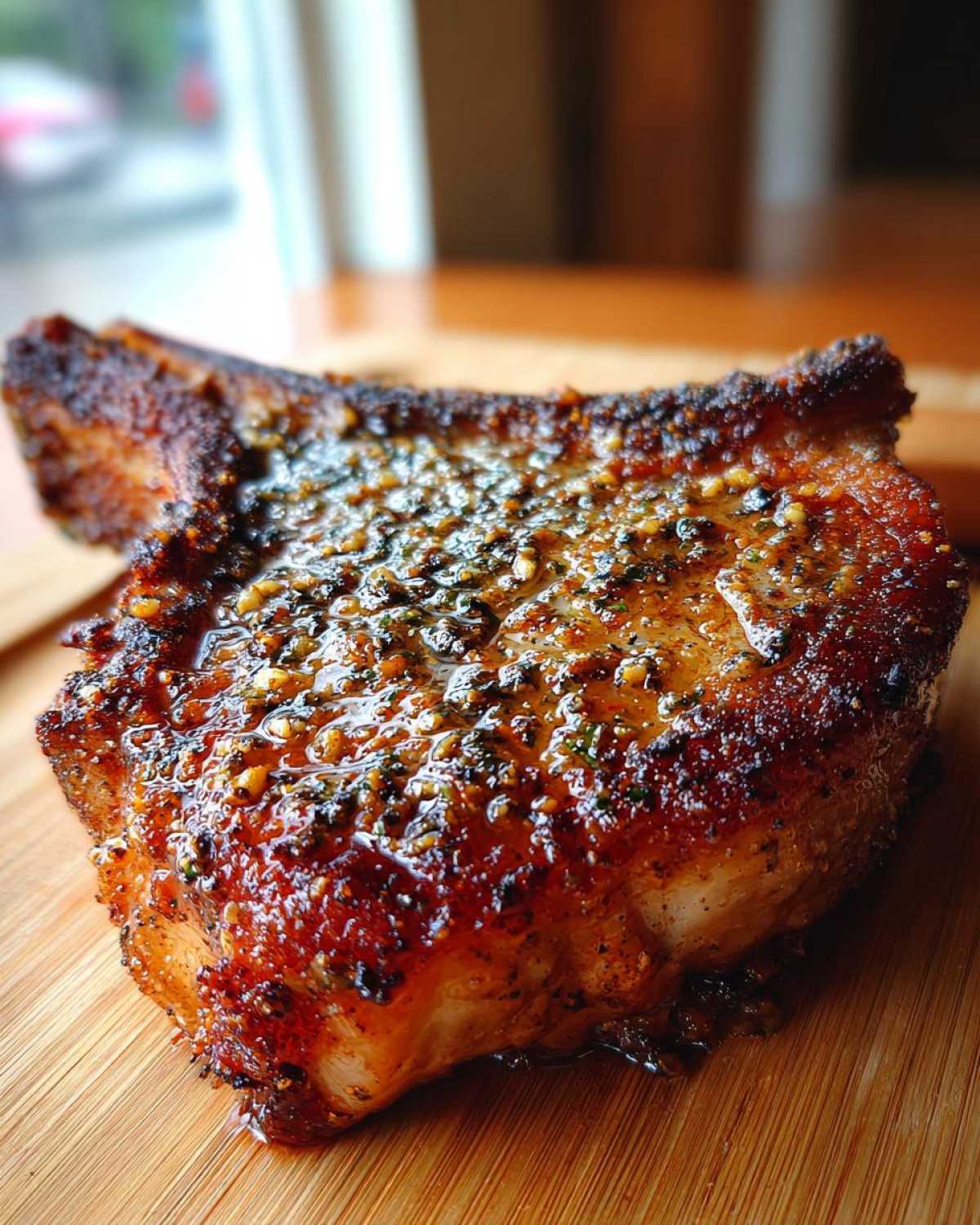 Close-up of a thick, bone-in Crispy Air Fryer Pork Chop glistening with garlic butter.