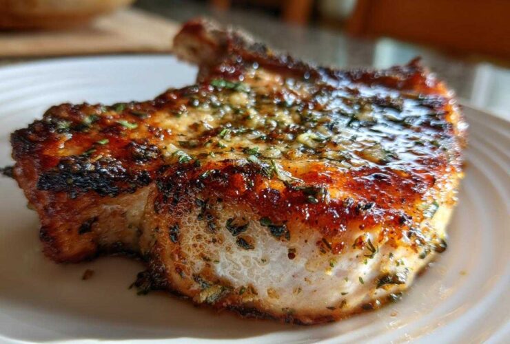 Close-up of a perfectly cooked, juicy Crispy Air Fryer Pork Chop topped with glistening garlic butter and herbs.