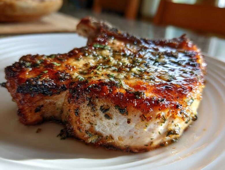Close-up of a perfectly cooked, juicy Crispy Air Fryer Pork Chop topped with glistening garlic butter and herbs.