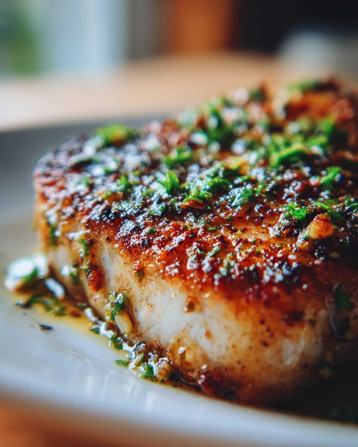 Close-up of a thick, juicy Crispy Air Fryer Pork Chop topped with glistening garlic butter and fresh green herbs.