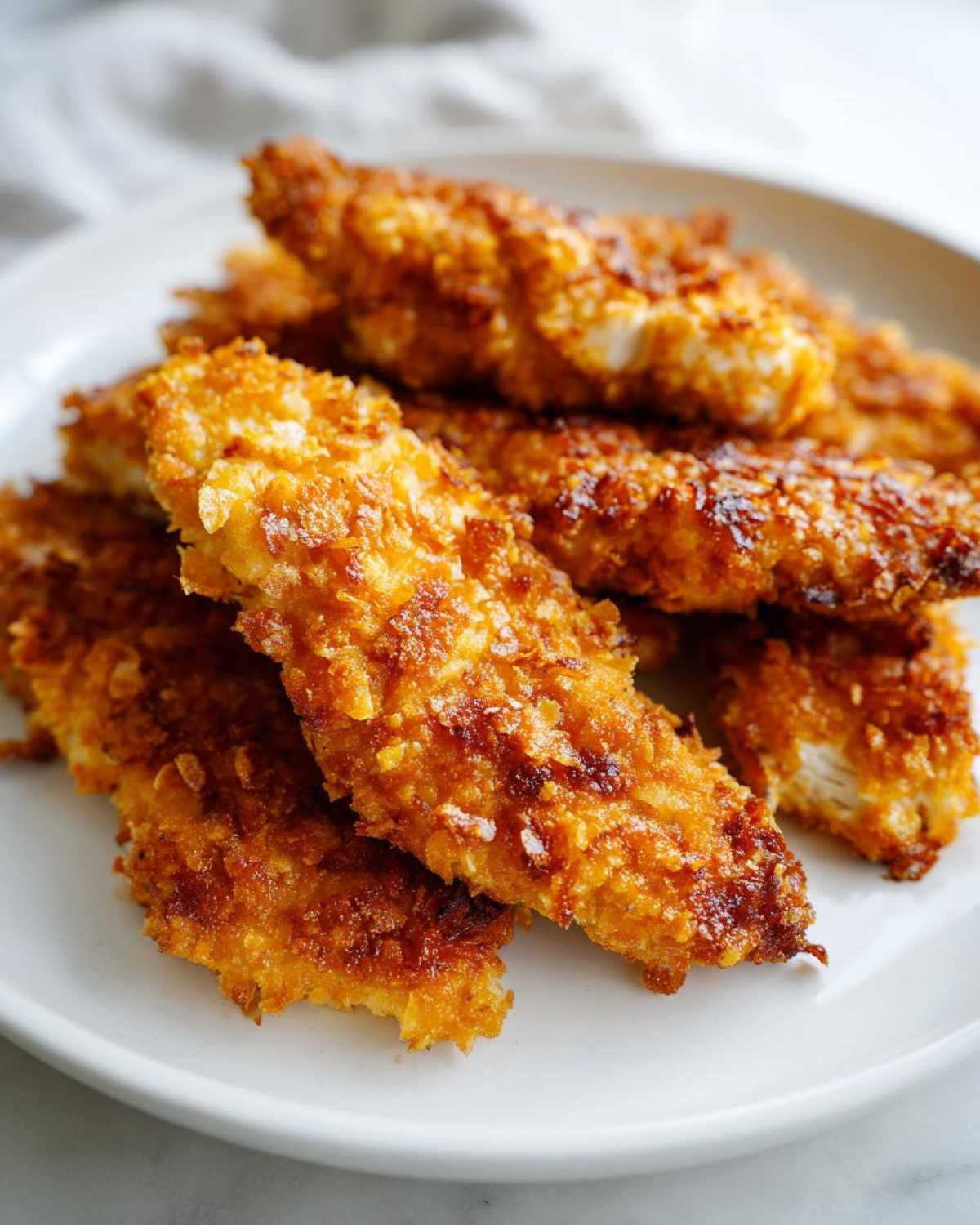 A pile of golden brown Crispy Baked Chicken Tenders with Cornflake Crust served on a white plate.
