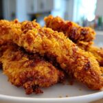 Close-up of golden brown Crispy Baked Chicken Tenders with Cornflake Crust piled on a white plate.