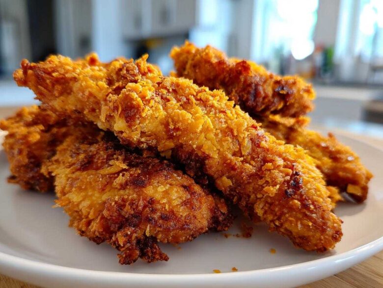 Close-up of golden brown Crispy Baked Chicken Tenders with Cornflake Crust piled on a white plate.