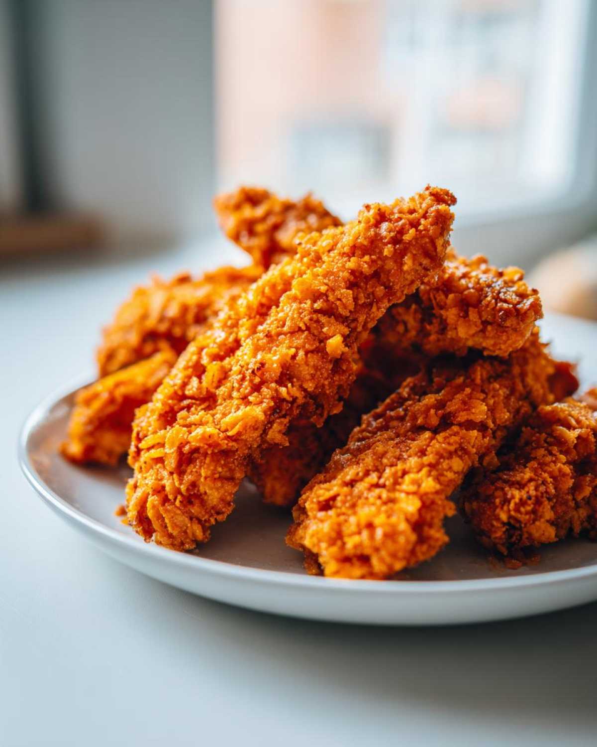 A close-up of a pile of golden brown, crunchy Crispy Baked Chicken Tenders with Cornflake Crust on a white plate.