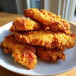 A pile of golden brown Crispy Baked Chicken Tenders with Cornflake Crust stacked on a white plate.