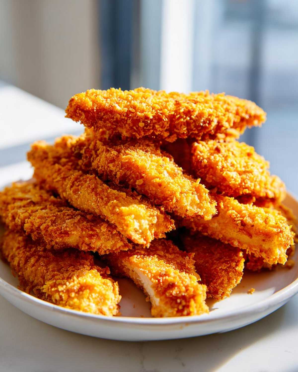 A tall stack of golden brown Crispy Baked Chicken Tenders with Cornflake Crust piled high on a white plate.