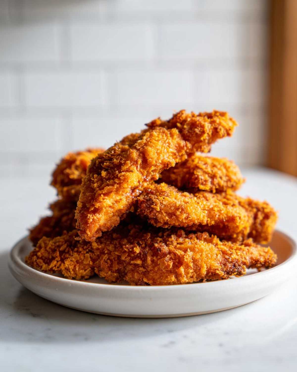 A stack of golden brown Crispy Baked Chicken Tenders with Cornflake Crust piled high on a small white plate.