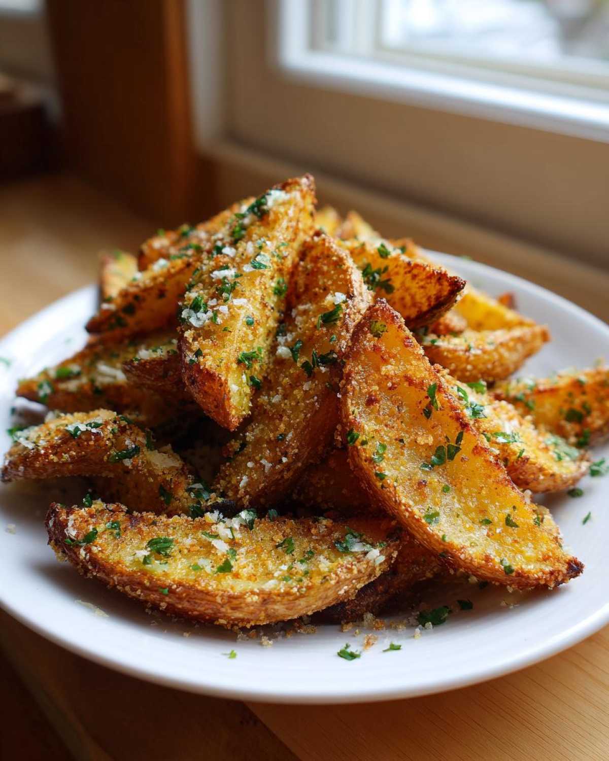 A pile of golden brown Crispy Baked Garlic Parmesan Potato Wedges topped with grated cheese and parsley.