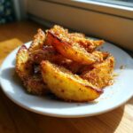 A pile of golden, crispy baked garlic parmesan potato wedges served on a white plate, catching sunlight.
