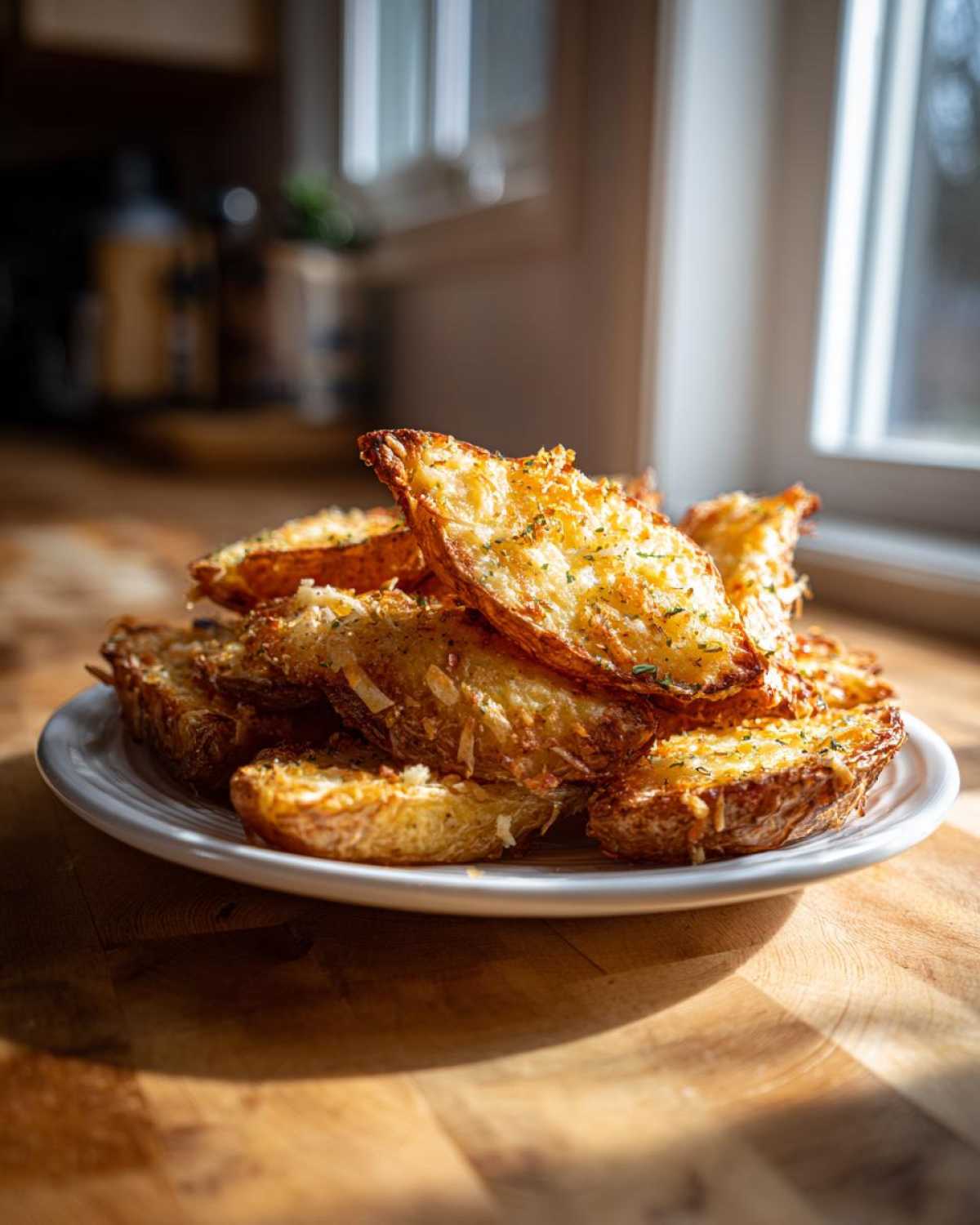 A pile of golden brown Crispy Baked Garlic Parmesan Potato Wedges seasoned with herbs on a white plate.