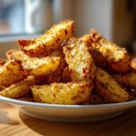A close-up of a white plate piled high with golden, crispy baked garlic parmesan potato wedges.