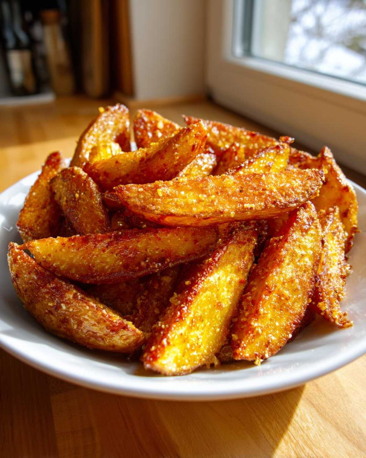 A close-up of golden, seasoned Crispy Baked Garlic Parmesan Potato Wedges piled high on a white plate near a window.