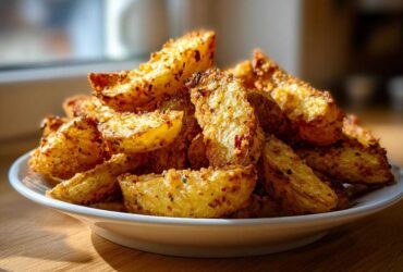 A close-up of a white plate piled high with golden, crispy baked garlic parmesan potato wedges.